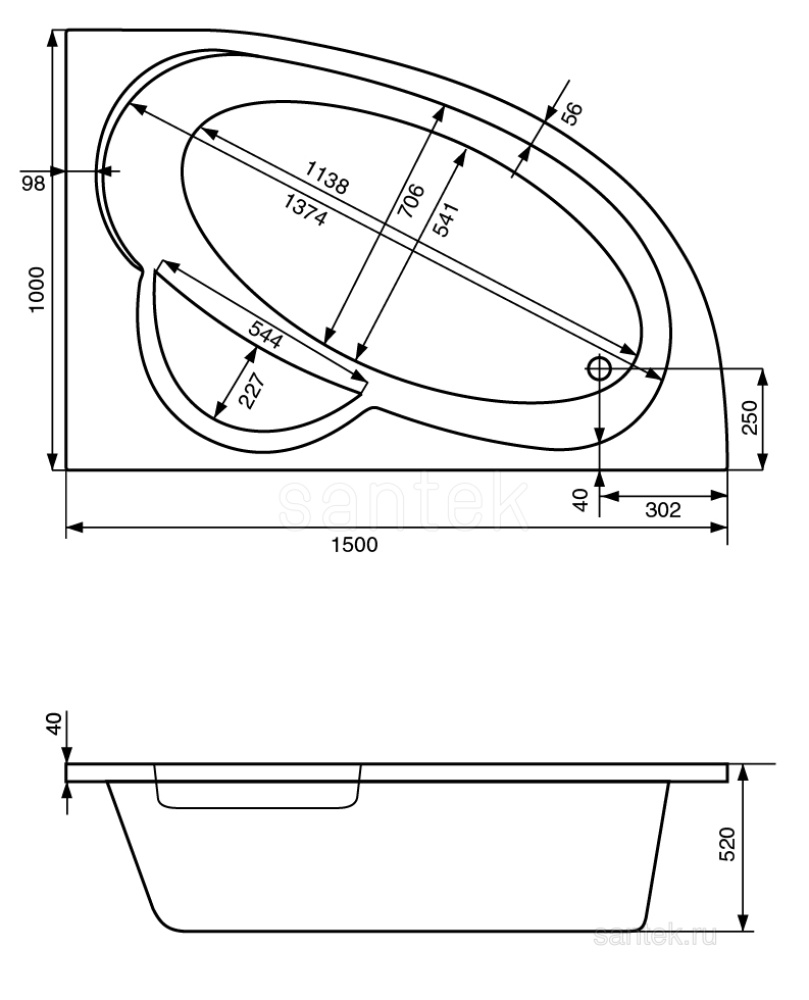 Акриловая ванна 150x100 Santek (1.WH30.2.395), асимметричная