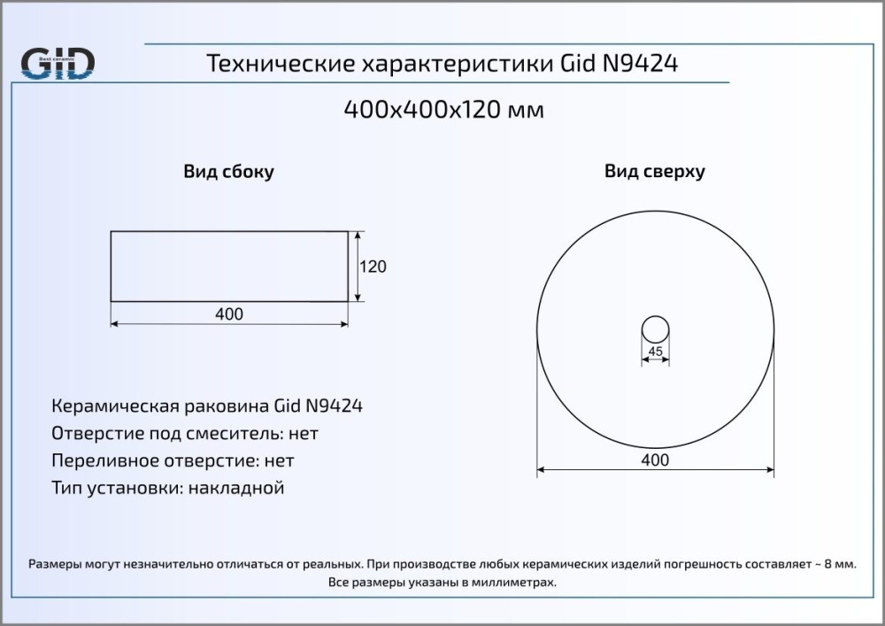 Раковина накладная Gid N9424