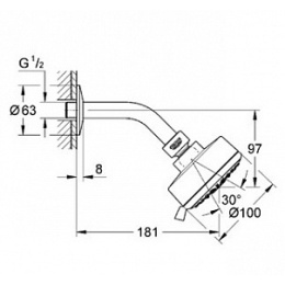 Grohe 27869000 New Tempesta Cosmopolitan Комплект верхнего душа IV с кронштейном, 9,5 л/мин
