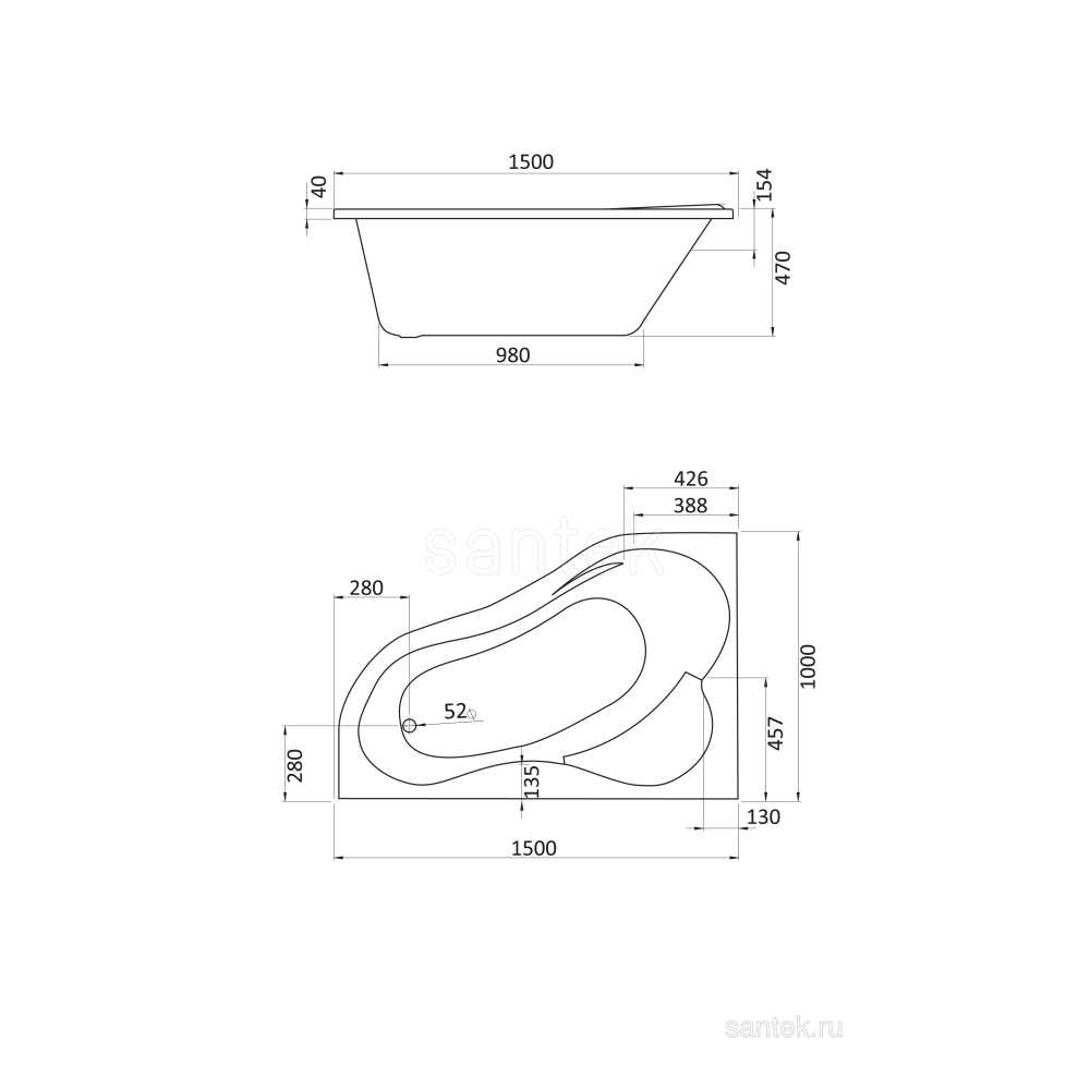 Акриловая ванна 150x100 Santek (1.WH11.2.034), асимметричная