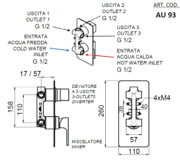 Remer Absolute AU93KBNP Смеситель для ванны, встраиваемый на 3 выхода для RRBOX93, никель (полирован