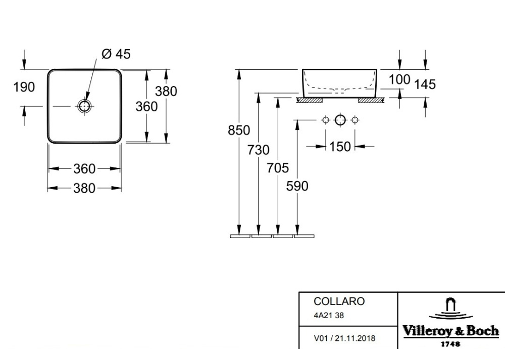 Фото Раковина Villeroy&Boch Collaro 4A213801 встраиваемая сверху, накладная