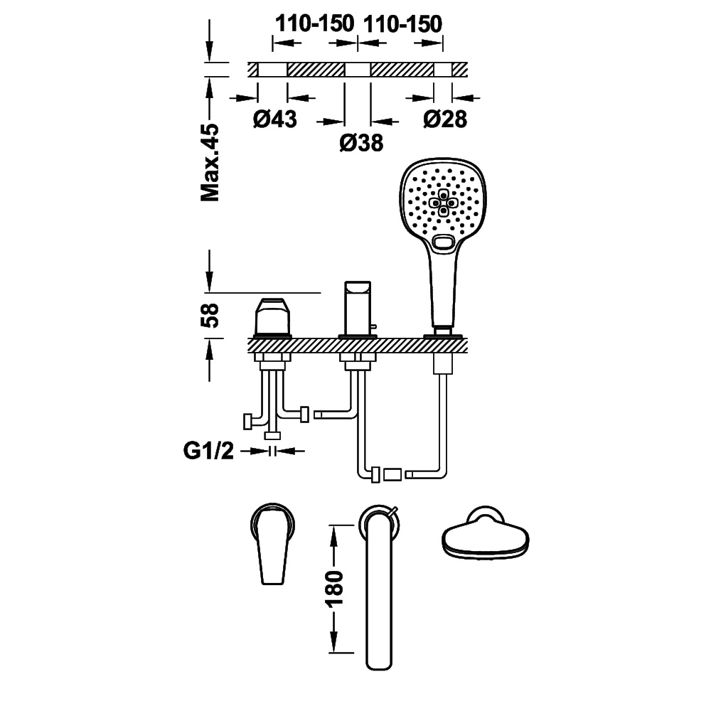 Смеситель на борт ванны Tres Canigo 21716103, врезной на 3 отверстия