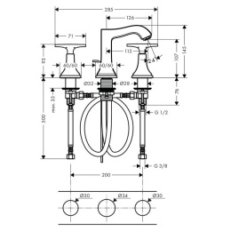 Смеситель для раковины на 3 отверстия 31306090 Hansgrohe Metropol Classic (хром, золото)