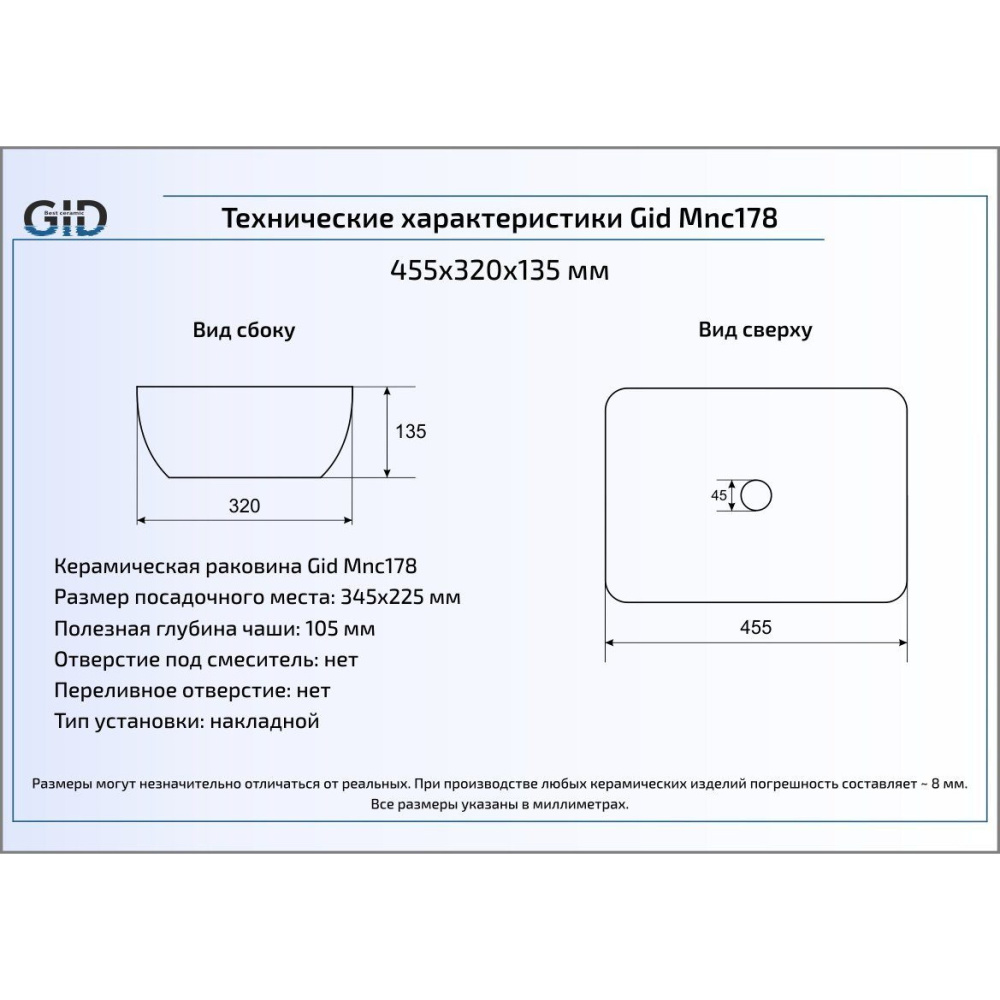 Раковина накладная Gid Mnc178