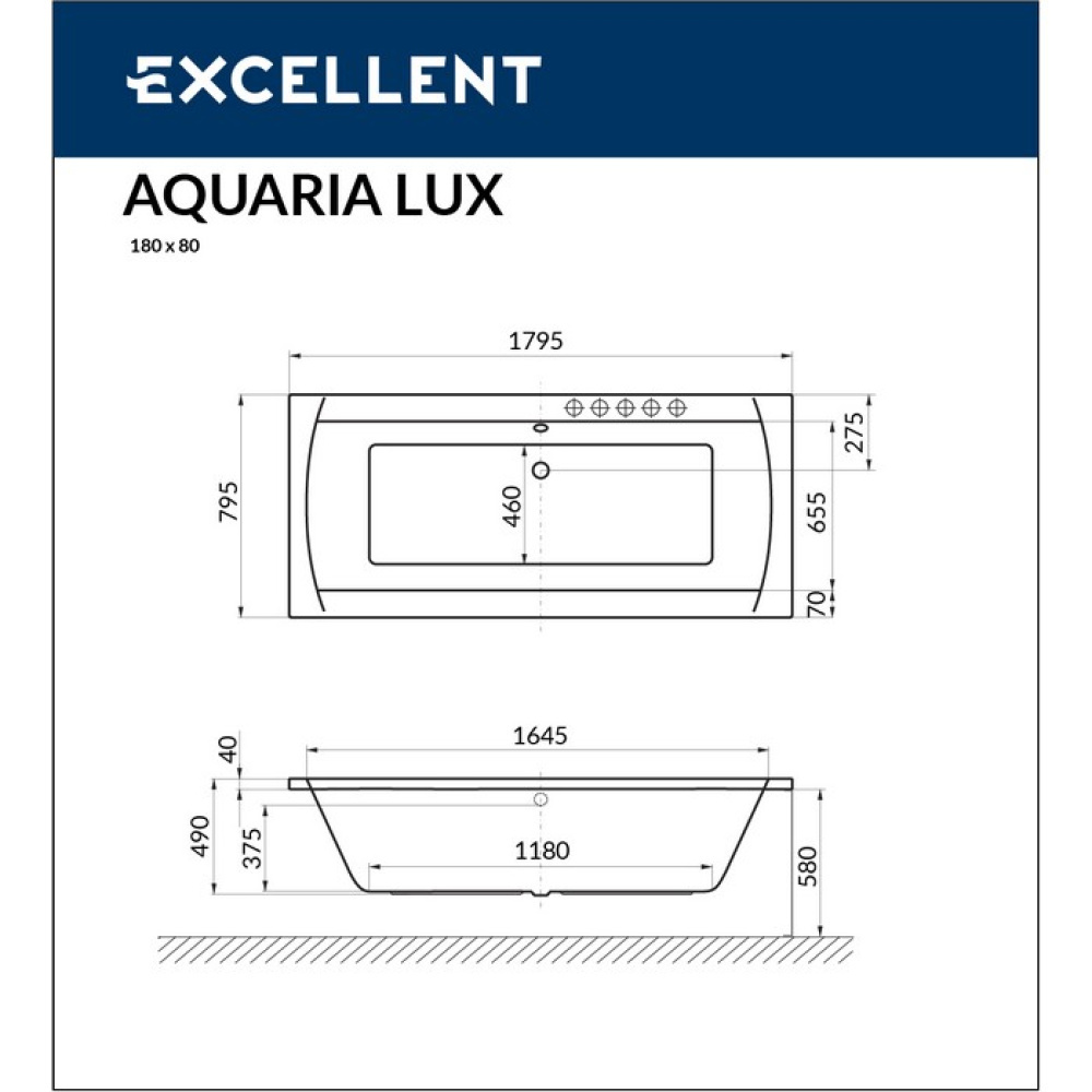 Акриловая ванна 180x80 Excellent (WAEX.AQU18WH), прямоугольная