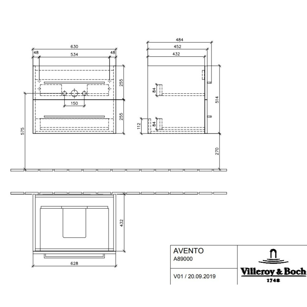 Villeroy Boch Avento A89000B4 Тумба под раковину 630х452 мм (белое стекло)