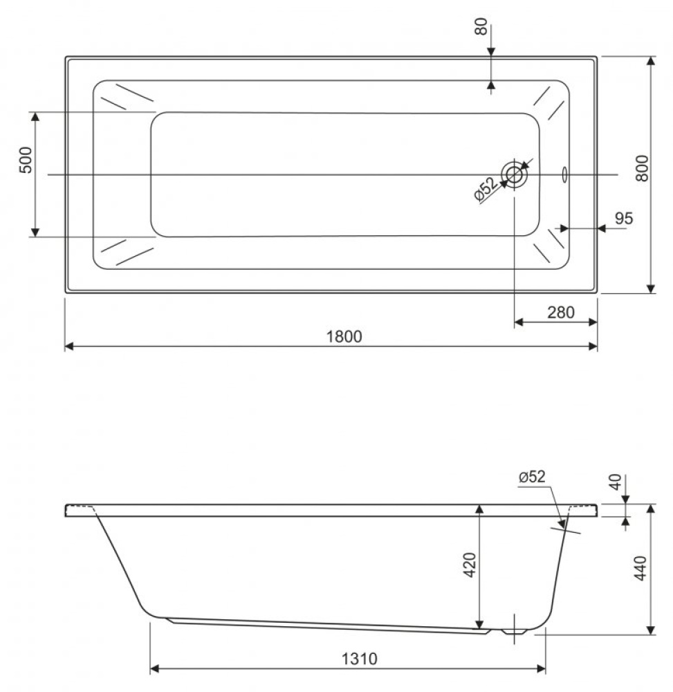 Акриловая ванна 180x80 Cezares (PLANE SOLO MINI-180-80-42-W37), прямоугольная