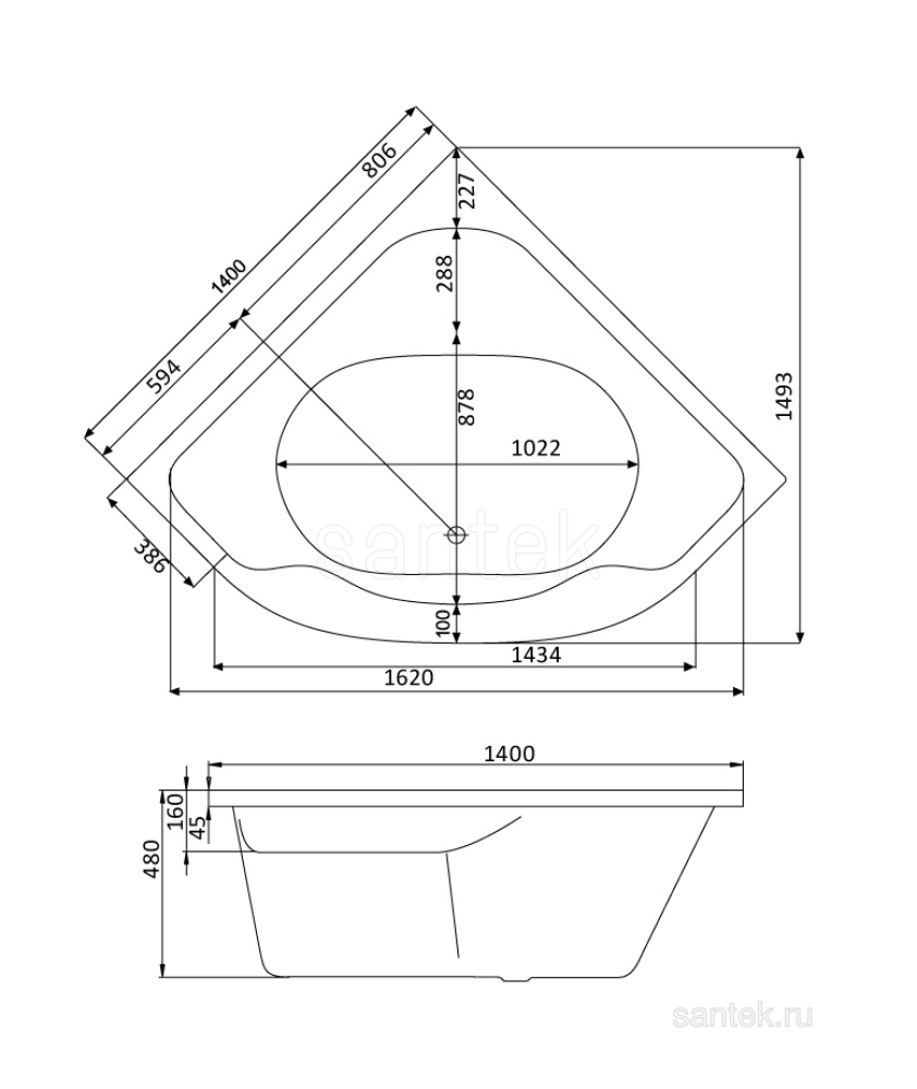 Акриловая ванна 140x140 Santek (1.WH30.2.402), симметричные