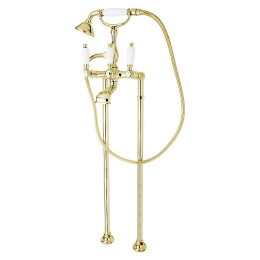 Фото Смеситель Cezares FIRST-VDP-03/24-Bi для ванны и душа, напольный, золото 24 карат, ручки белые