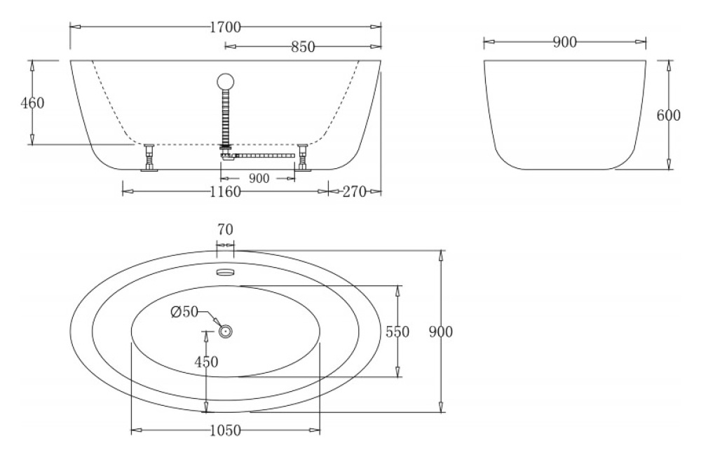 Фото Акриловая ванна 170x90 BelBagno (BB67-1700), округлая