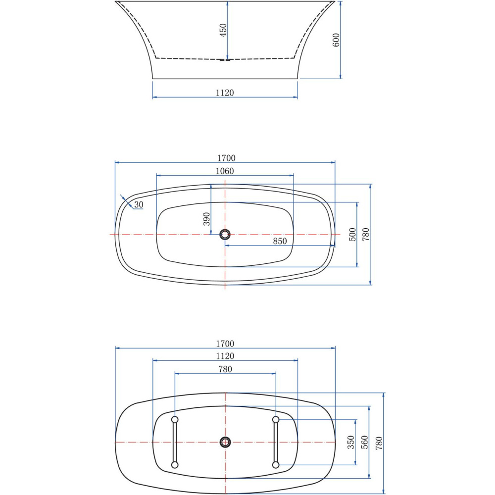 Акриловая ванна 170x78 Aquanet (00293083), овальная