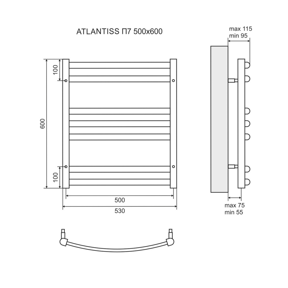 Водяные полотенцесушители Полотенцесушитель водяной Lemark Atlantiss П7 LM32607RBL 500x600, черный