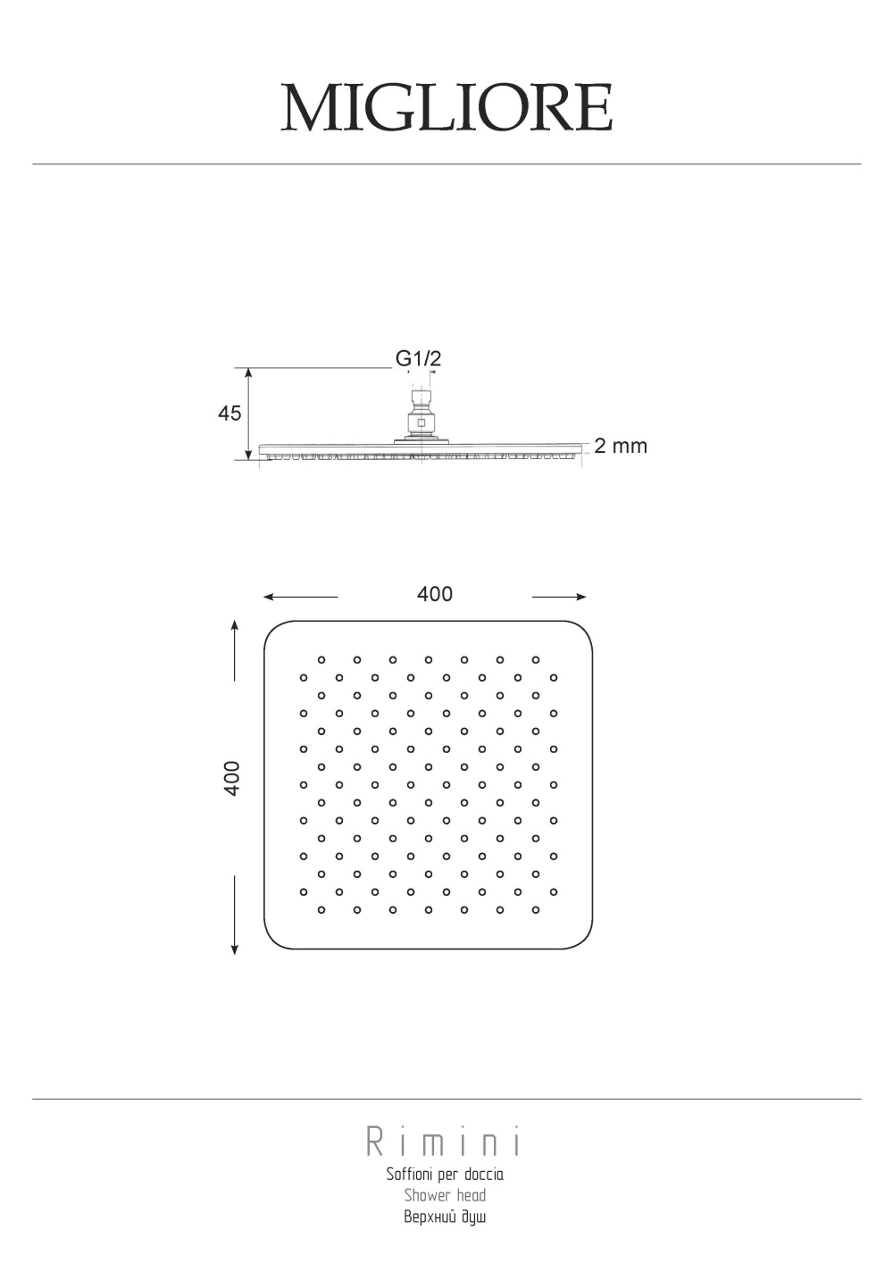 Фото Migliore Rimini 29664 Верхний душ, 400x400 mm, inox, антикальций, хром