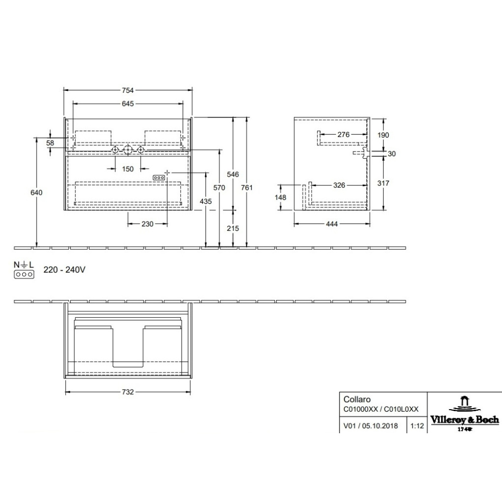 Villeroy Boch Collaro C01000VK Тумба под раковину 754х444 мм (Soft Grey)