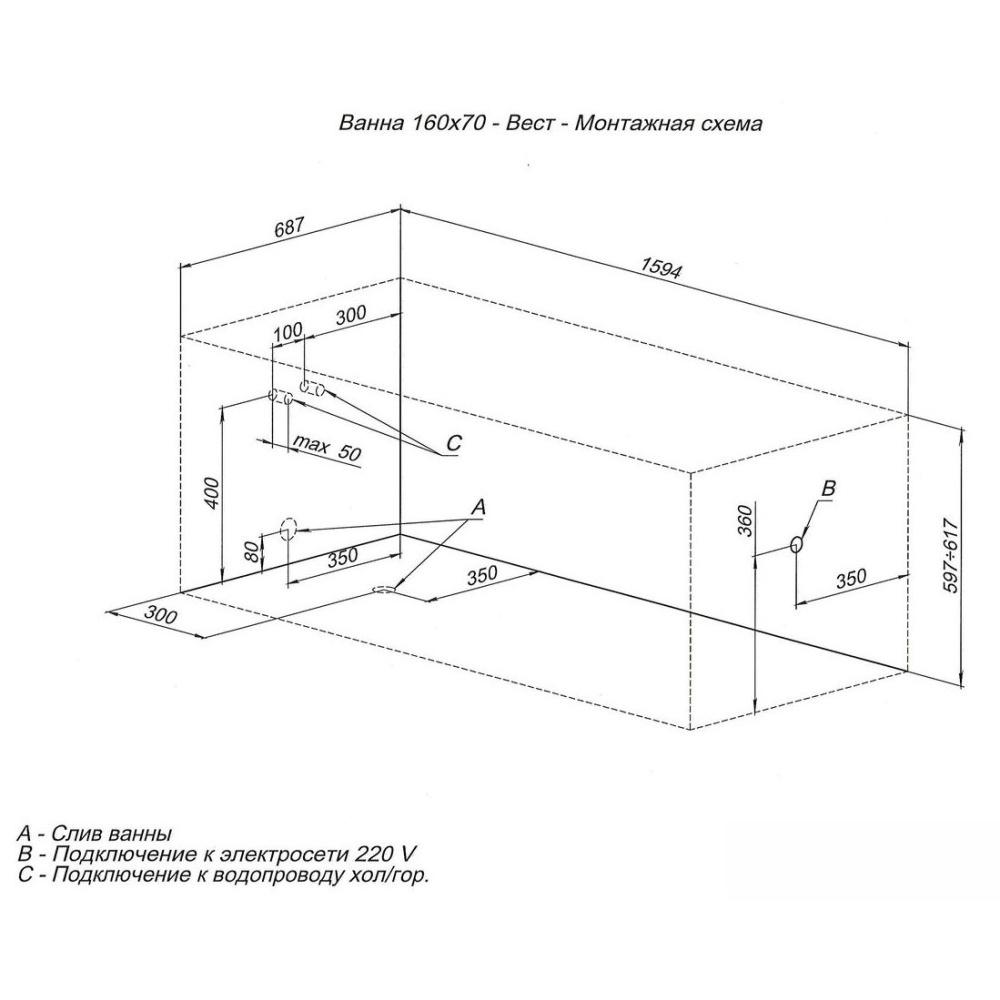 Акриловая ванна 160x70 Aquanet West (00205564) Белый