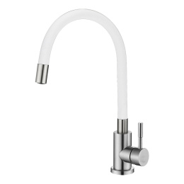 MELANA Смеситель д/кухни ELASTICO-F610401W нерж.сталь, однорычажный,гибкий излив,сатин+белый