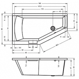 Акриловая ванна 160x90 Riho (B030001005), прямоугольная-асимметричная, Гидромассаж: установка по жел