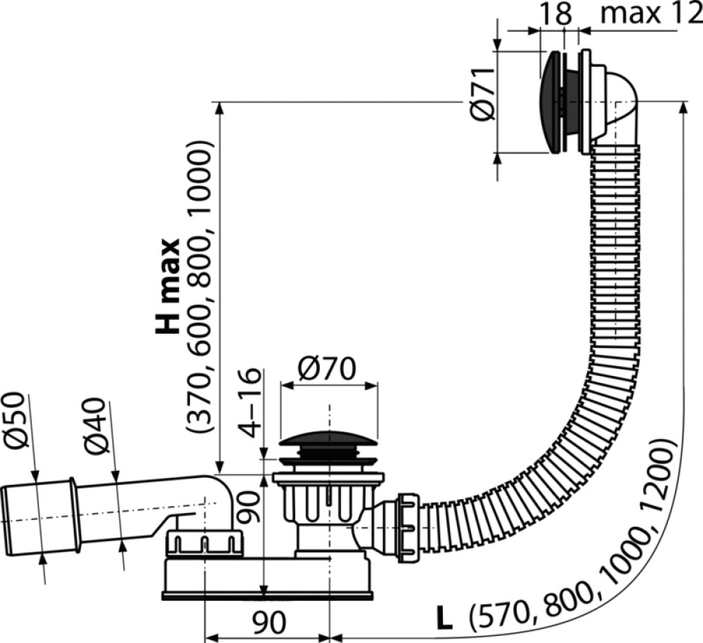 Фото Сифон для ванны A507BLACK-80, черный матовый