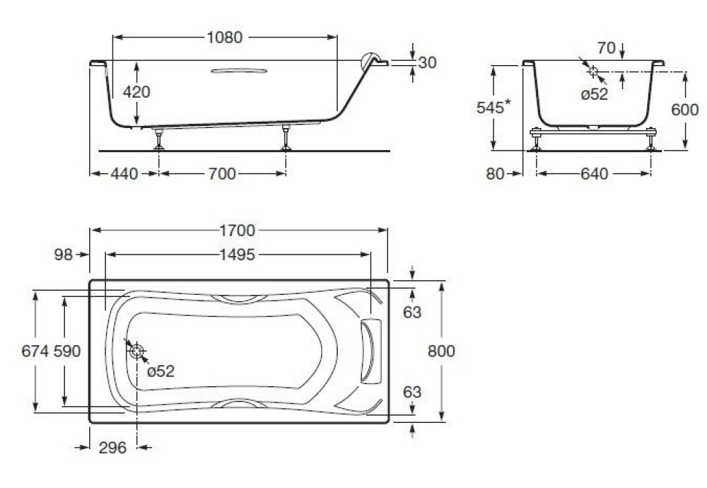 Фото Акриловая ванна 170x80 Roca (ZRU9302852), прямоугольная