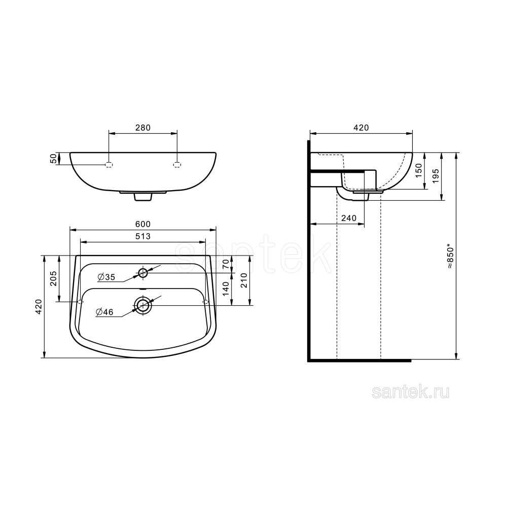 Раковина Santek Лонги 600х420 1WH501756 отверстие под смеситель