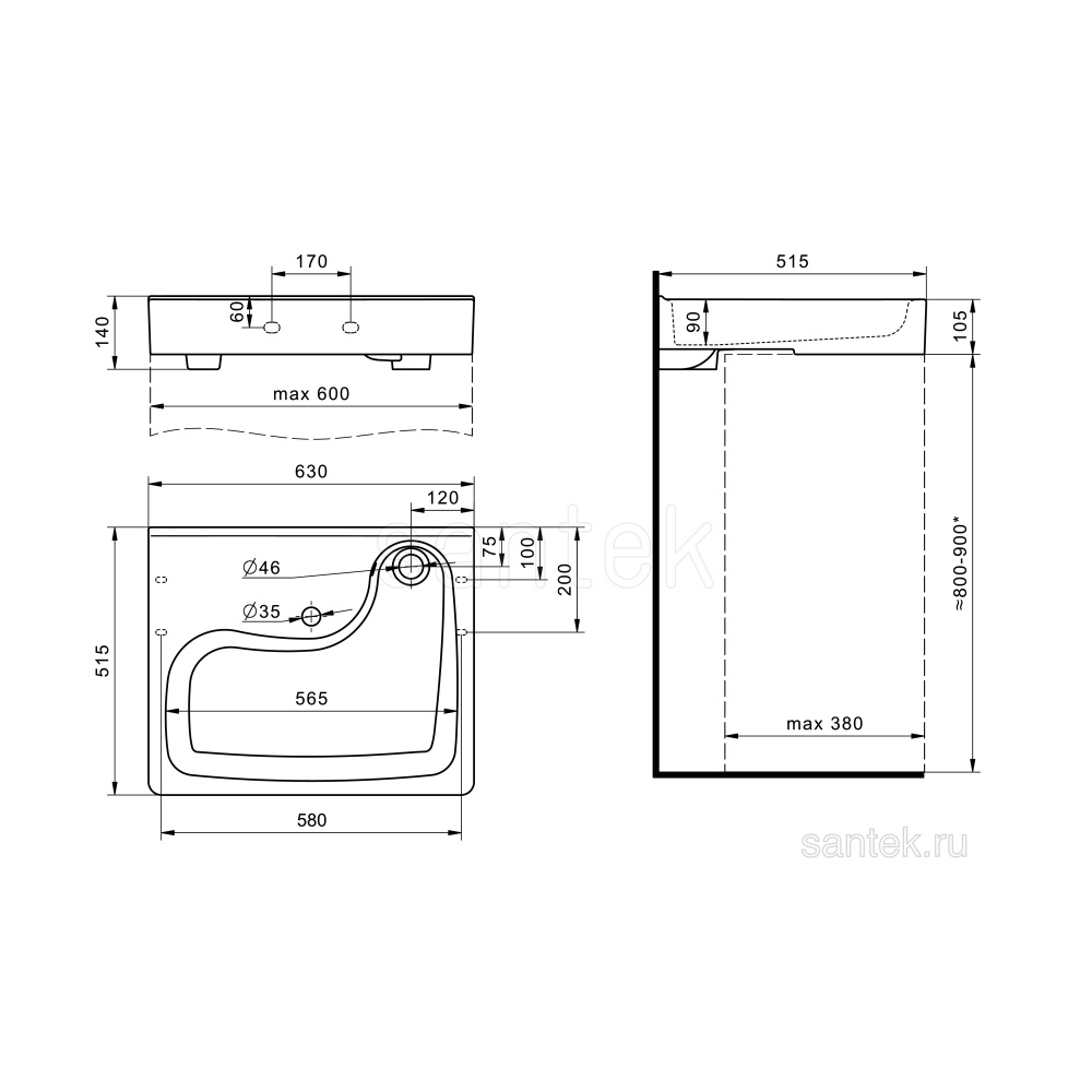 Раковина Santek Клио 50 с кронштейнами 1WH501770