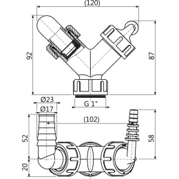 Alcaplast Колено с двумя штуцерами G1"/8-16, 17-23 с обратныйм клапаном, P149Z