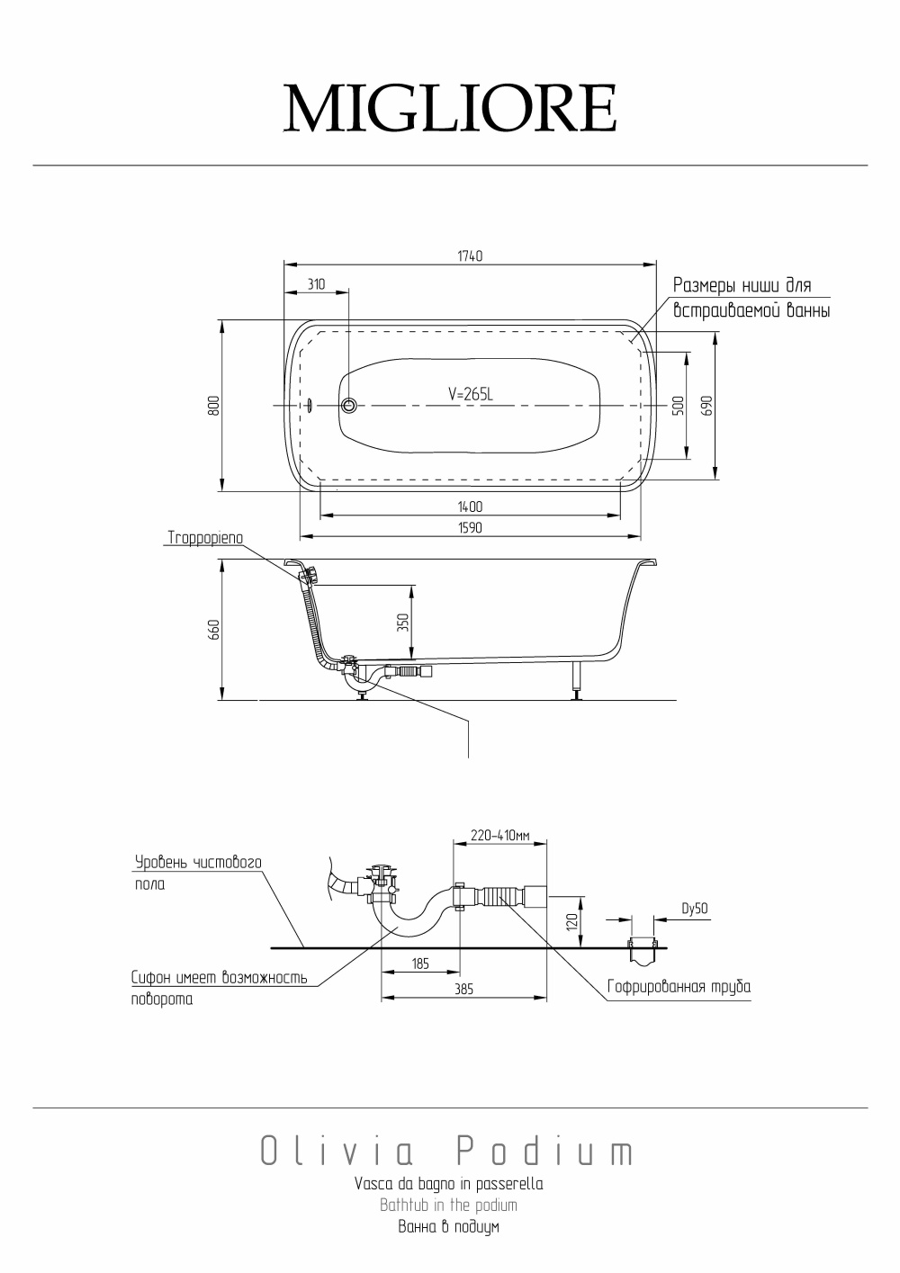 Фото Migliore Olivia 24329 Ванна 174x83 см, слив/перелив хром (встраиваемая в подиум)