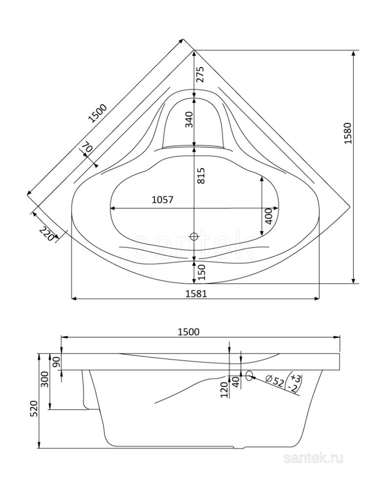 Фото Акриловая ванна 150x150 Santek (1.WH30.2.399), симметричные