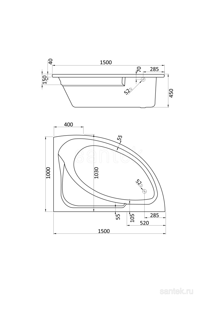 Акриловая ванна 150x100 Santek (1.WH11.2.032), асимметричная