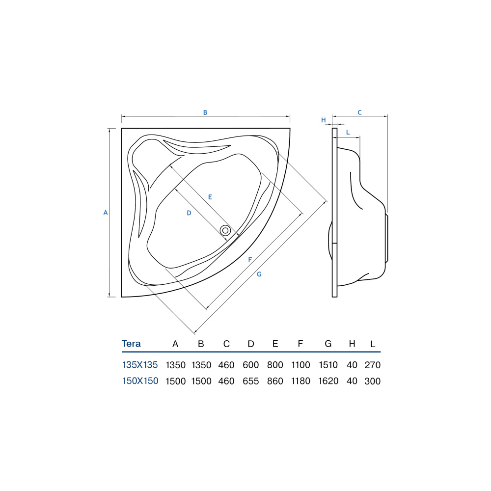 Акриловая ванна 150x150 Koller Pool (TERA150х150), асимметричная