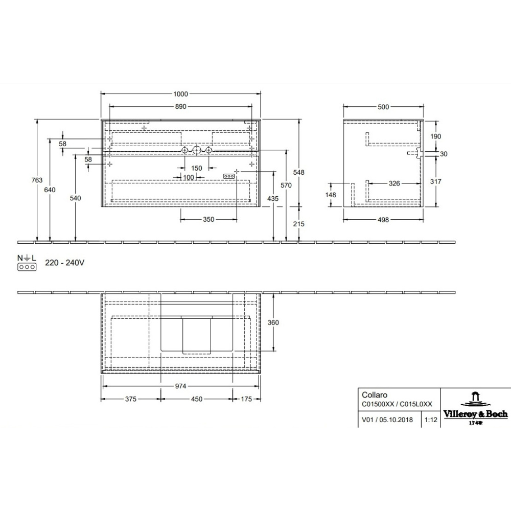 Villeroy Boch Collaro C015L0VK Тумба под раковину 1000х500 мм (Soft Grey)