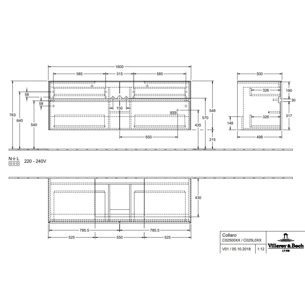 Villeroy Boch Collaro C02500FP Тумба под раковину 1600х500 мм (Glossy Grey)