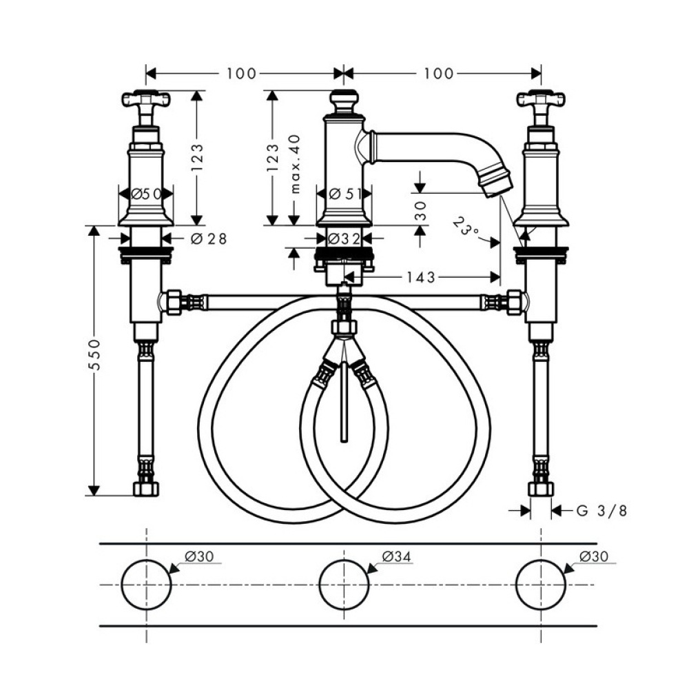 Фото AXOR Montreux 16536340 Смеситель для раковины на три отверстия (Шлифованный черный хром)