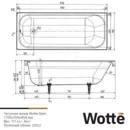 Фото Чугунная ванна Wotte Start 170x70 пристенная, белая