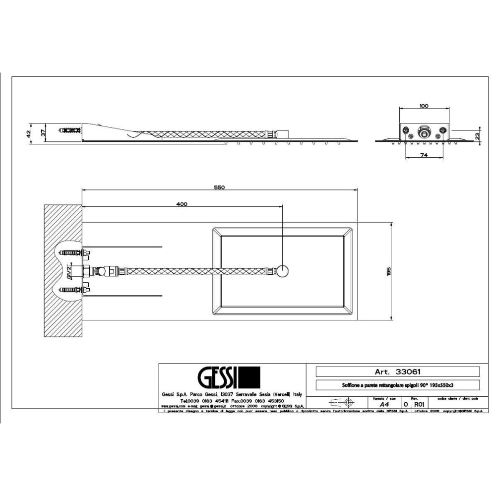 Верхний душ Gessi Tremillimetri Quadro (33061#238) сталь полированная