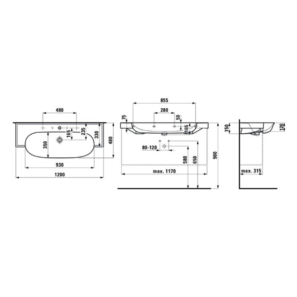 Раковина Laufen New Classic 8.1385.8.000.107.1 120 х 48 х 16.5 см, SaphirKeramik, 2 отверстия, с пер