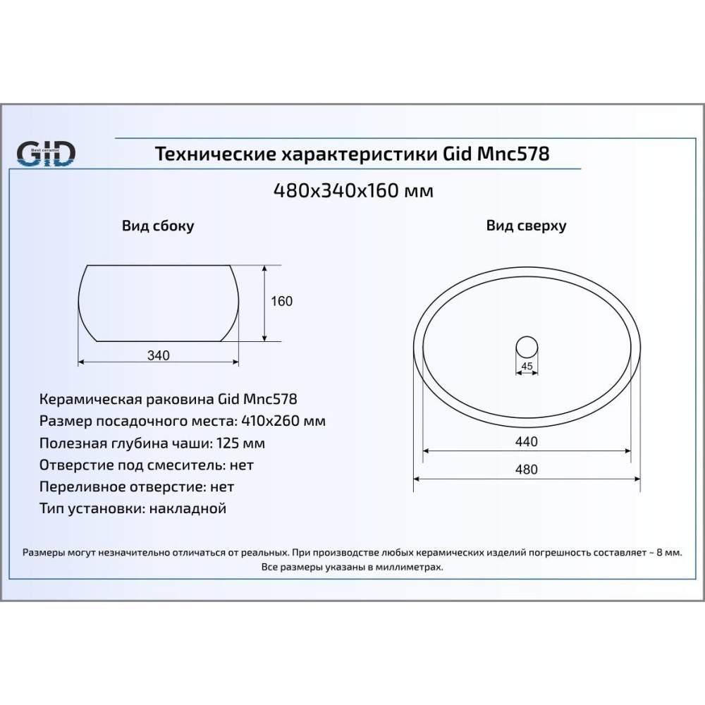 Раковина накладная Gid Mnc578