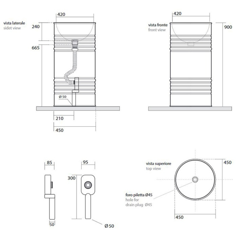 Раковина Kerasan Artwork Barrel 4742K01, 45 x h90 см напольная, слив в пол, белый