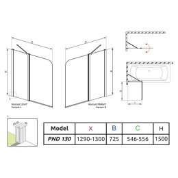 Шторка на ванну Radaway Eos II PND 130x150 профиль хром, стекло прозрачное, крепления слева 206213-0
