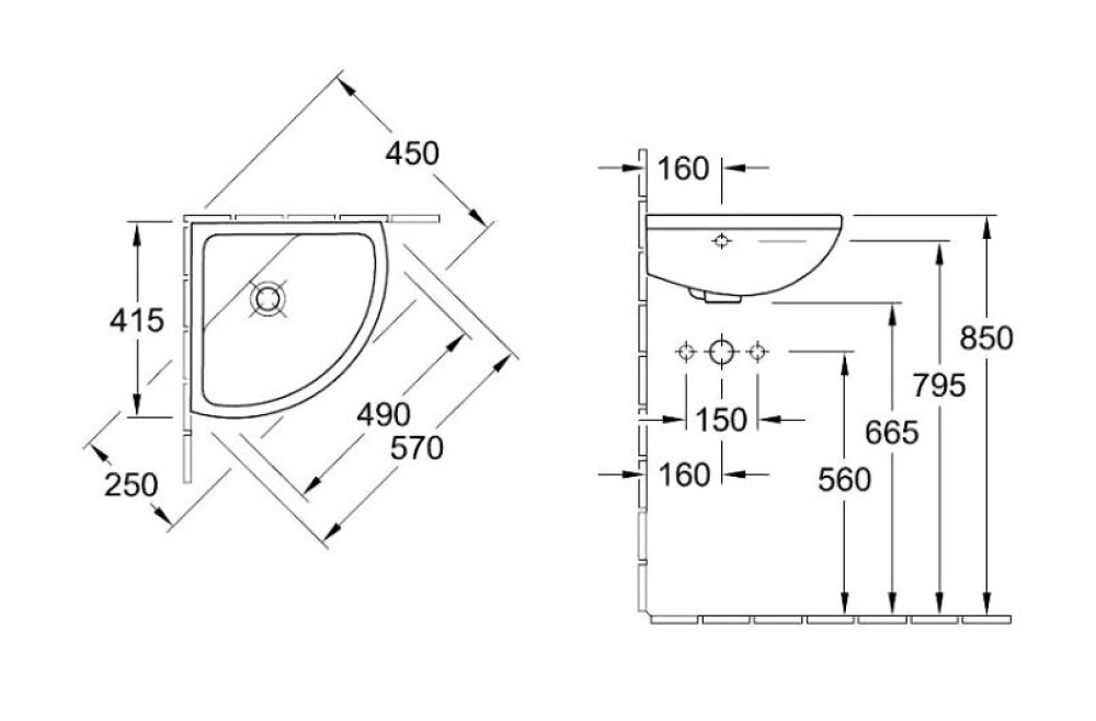 Фото Раковина угловая укороченная 53743101 VILLEROY&BOCH Omnia architectura, 415 мм длина боковой стороны