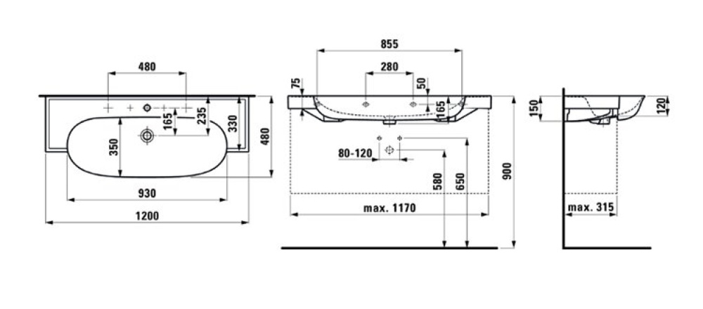 Раковина Laufen New Classic 8.1385.8.400.115.1 120 х 48 х 16.5 см, SaphirKeramik, LCC, 2 отверстия, 