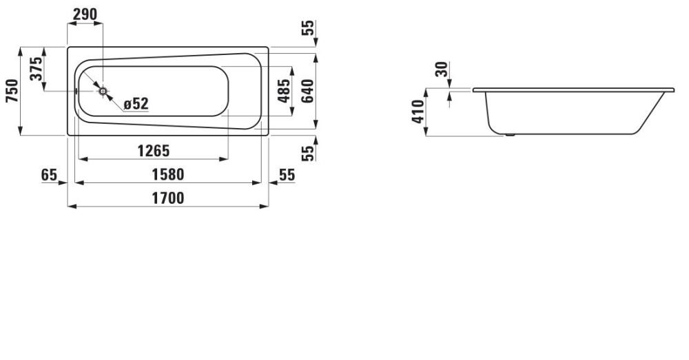 Стальная ванна Laufen Pro 170х75 2.2595.3.000.040.1 с отверстиями для ручек