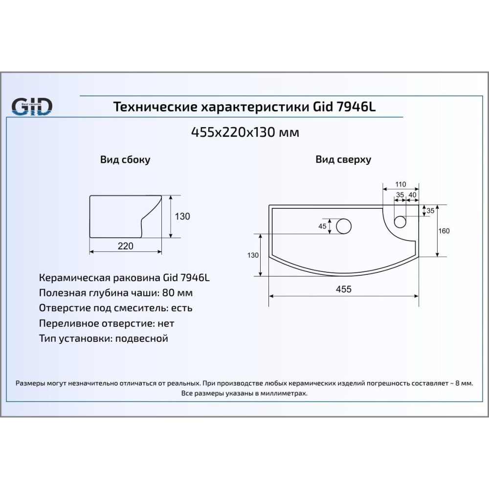 Раковина подвесная Gid 7946L (Чаша слева)
