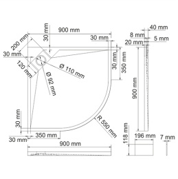 Душевой поддон WasserKRAFT Alme 15T01, четверть круга, 90 х 90 х 4 см R550, из искусственного камня