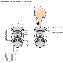 Сток для раковины AeT clic-clack хром, цвет керамики белый матовый с эффектом мрамора A038481