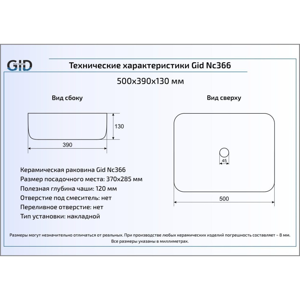 Раковина накладная Gid Nc366