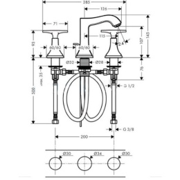 Смеситель для раковины на 3 отверстия 31306090 Hansgrohe Metropol Classic (хром, золото)