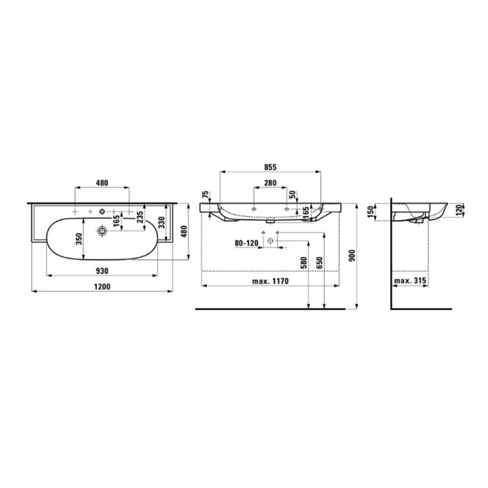 Раковина Laufen New Classic 8.1385.8.400.115.1 120 х 48 х 16.5 см, SaphirKeramik, LCC, 2 отверстия, 