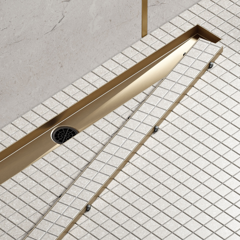 Фото Душевой лоток TIMO Drain System 1000 DS230210/17 с двусторонней панелью "plate" под плитку, Золото м